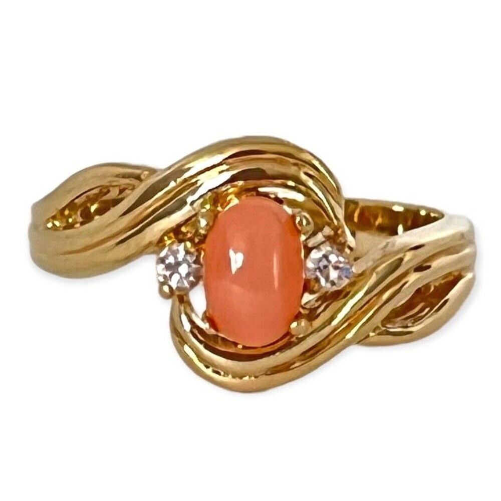 Vintage 1970s Ring Size 6 Genuine Coral Cabochon CZ Bypass Gold Plated - 14M